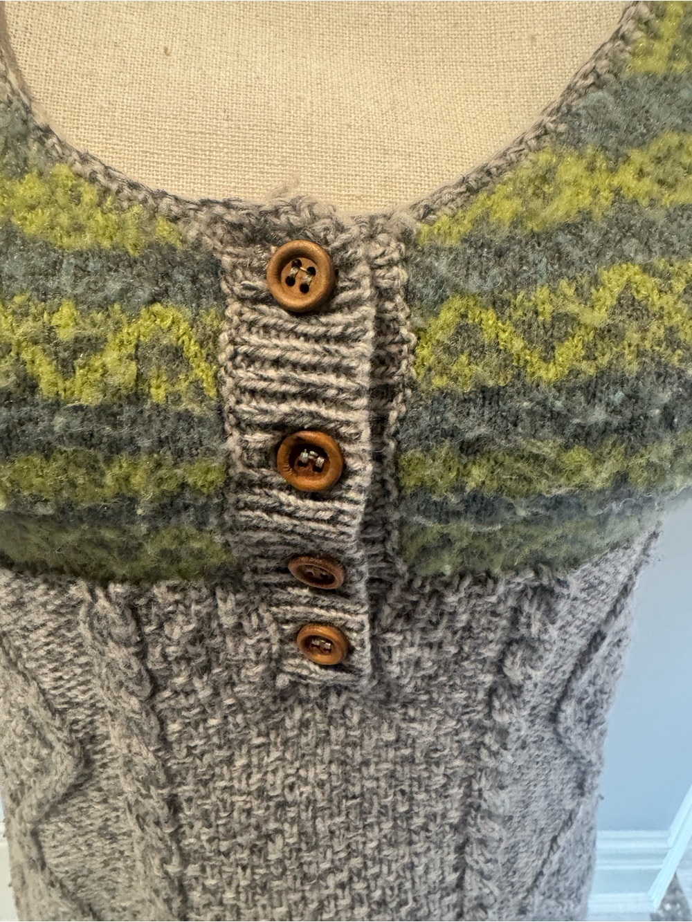 Free People Gray Cable-Knit Tunic with Green Patterned Yoke - Picture 5 of 6